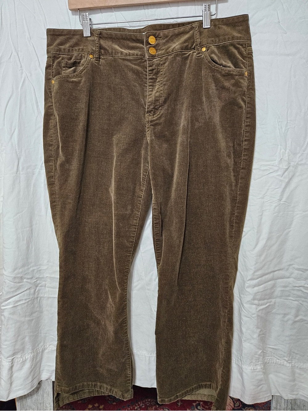 CAbi Olive Brown Corduroy Ankle Pants with Gold Buttons
